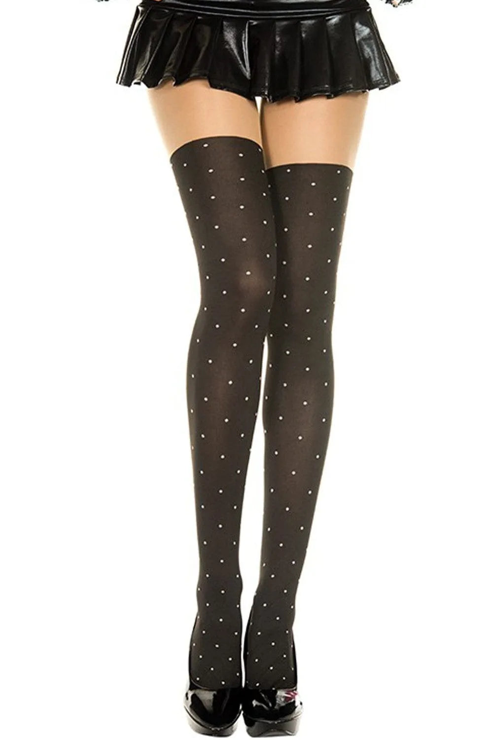 Collant noir effet bas pois blancs, haut chair, élégant et chic, idéal pour soirées, nylon élasthanne, extensible et durable.