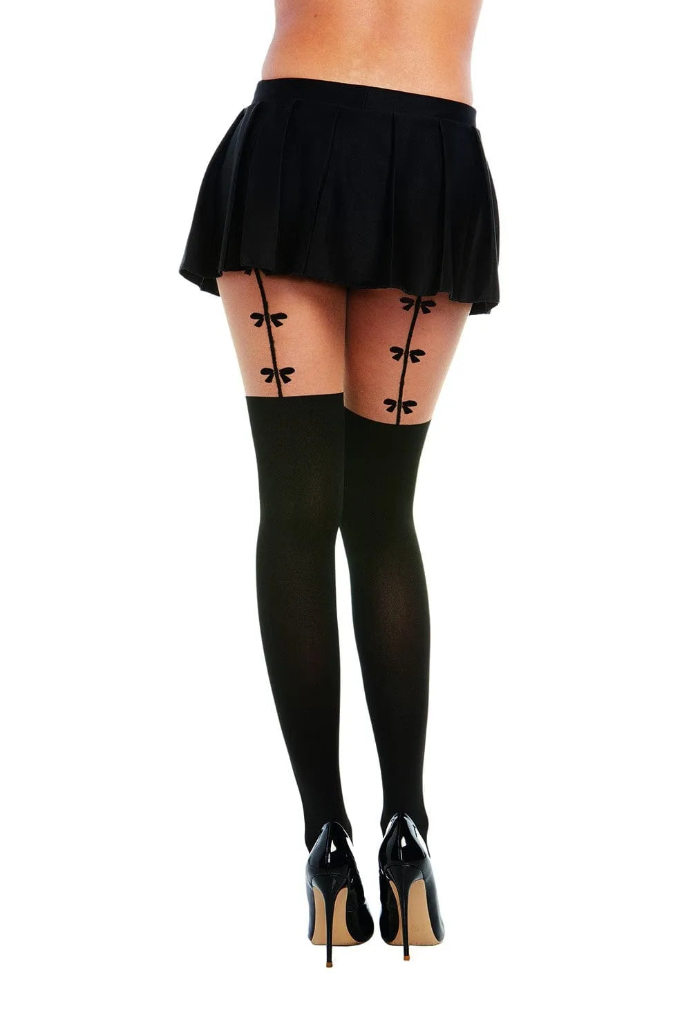 Collant noir opaque effet porte-jarretelles avec dessin fantaisie haut cuisses, élégant et extensible pour soirée.