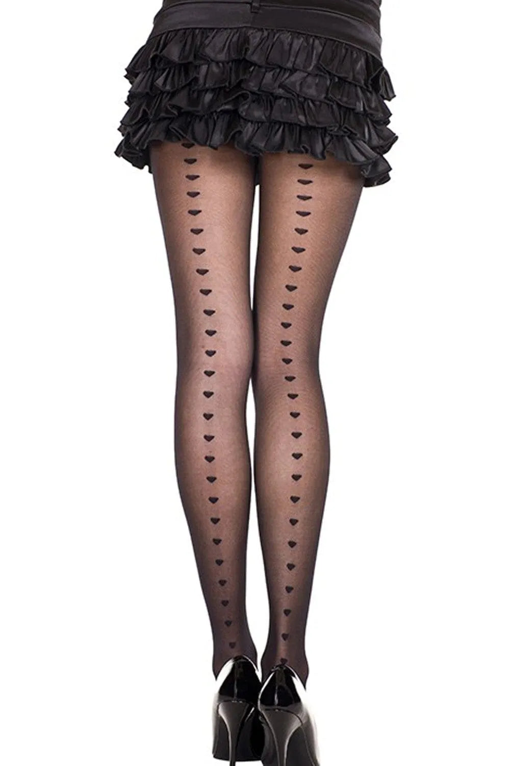 Collant noir semi-opaque avec lignes de coeurs au dos, en nylon et élasthanne, élégant et confortable.