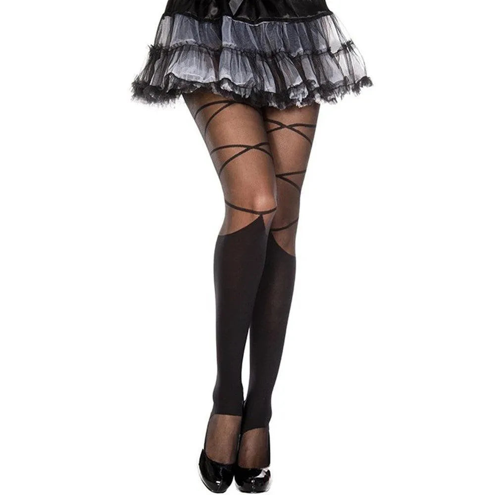 collant fantaisie noir effet lacets croisés nylon élasthanne extensible confortable jambières imitation chic séduisant silhouette féminine élégant