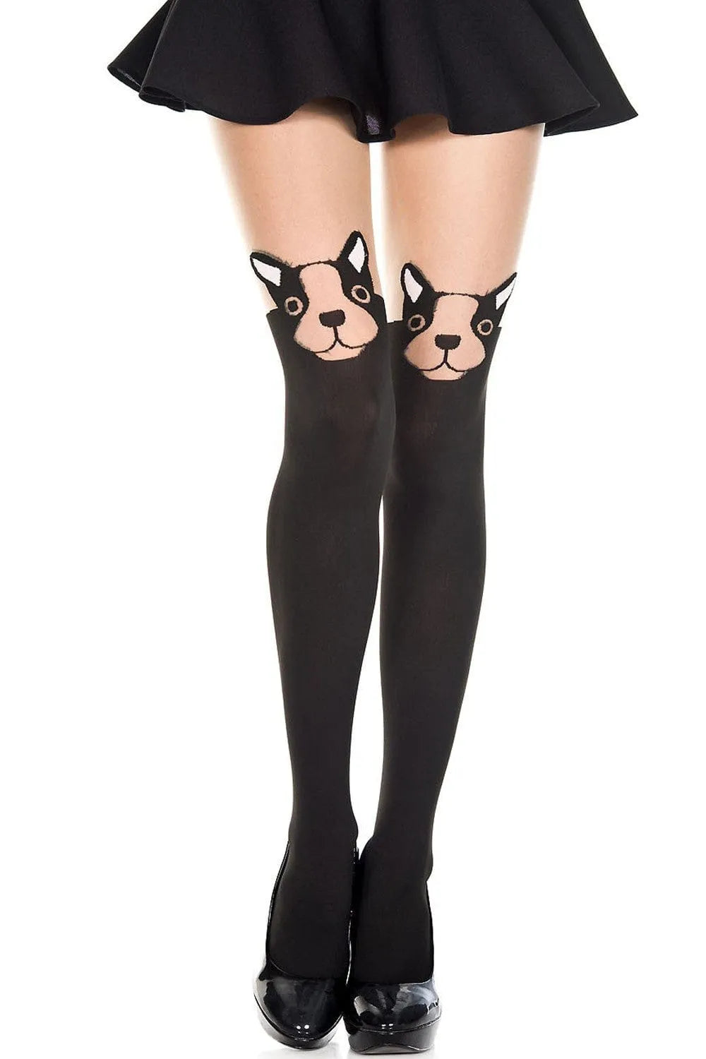 Collant noir opaque femme avec jarretière tête de chien, effet bas sexy, nylon élasthanne, élégant et fantaisie.
