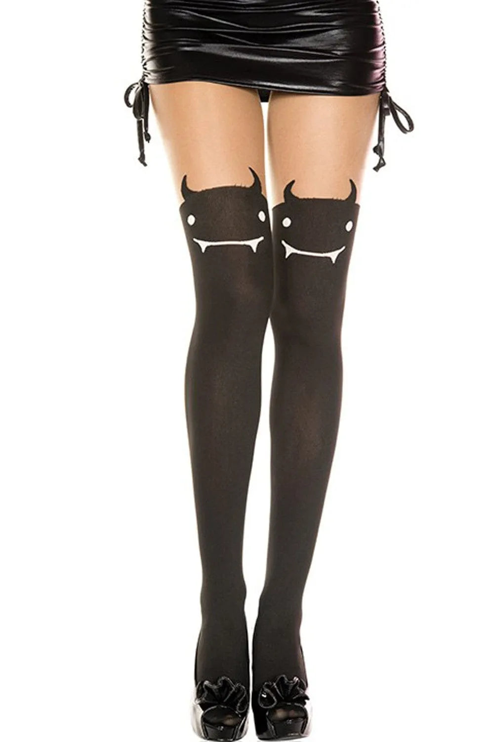 Collant noir opaque trois quarts avec motif tête de diable, finition chair, queue arrière, style sexy et espiègle.