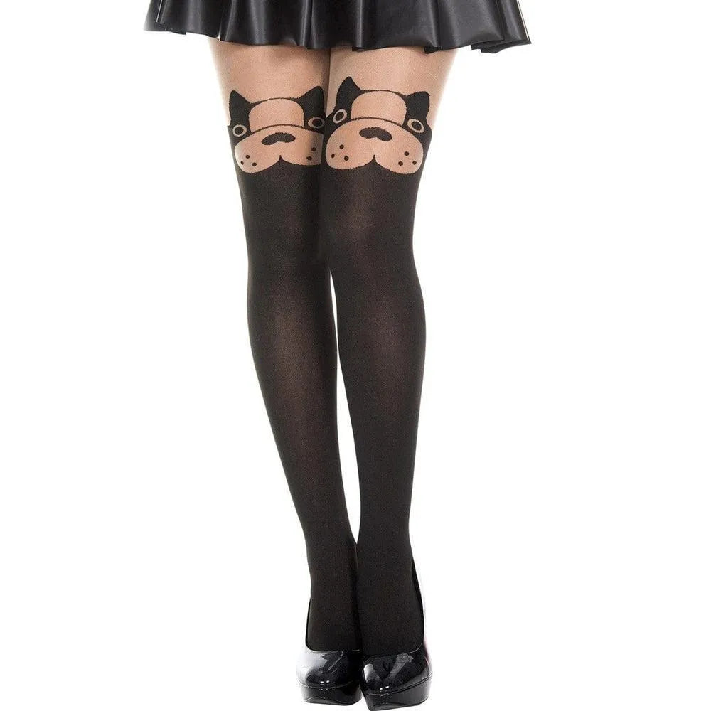 collant fantaisie noir opaque tête chien original élégant amusant confortable extensible durable sexy effet bas transparent ajustement parfait nylon élasthanne