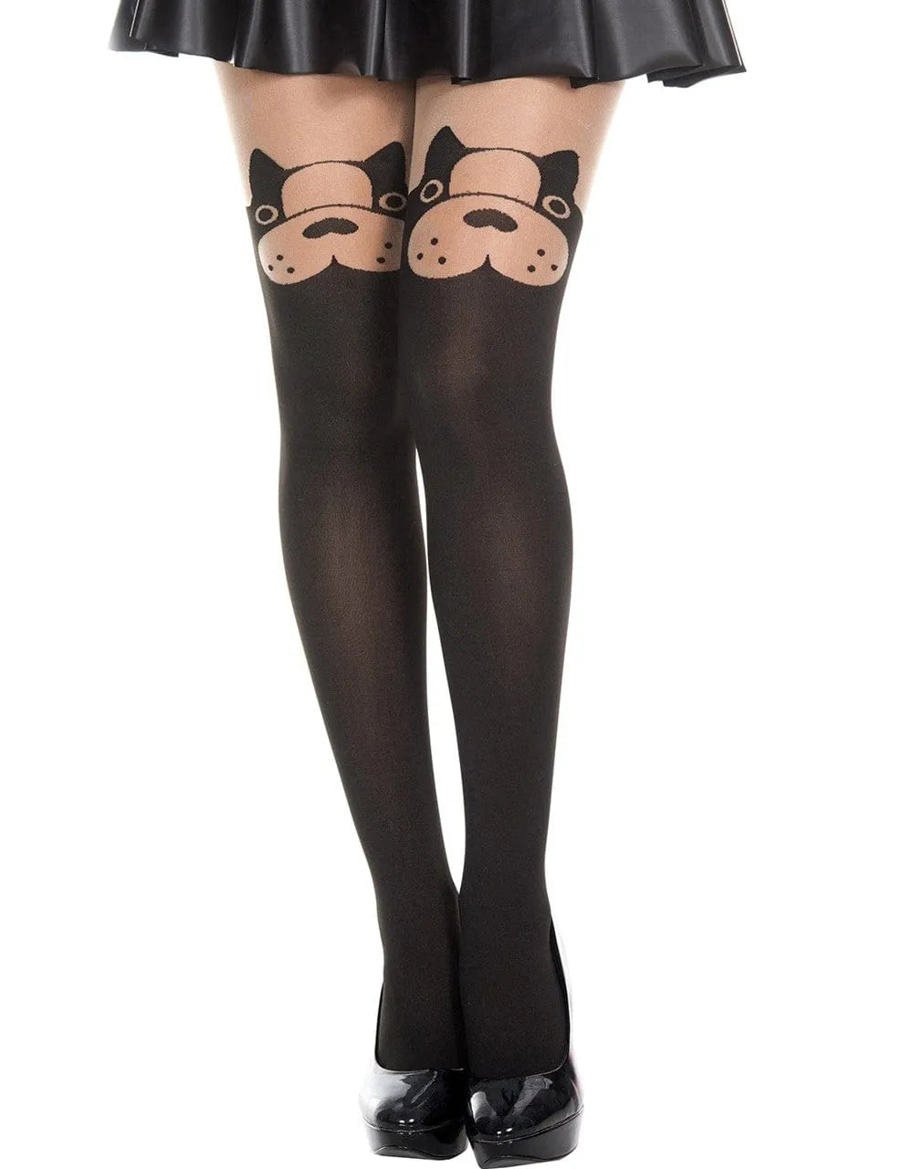Collant noir opaque avec tête de chien, style fantaisie élégant, confortable et extensible, effet bas transparent.
