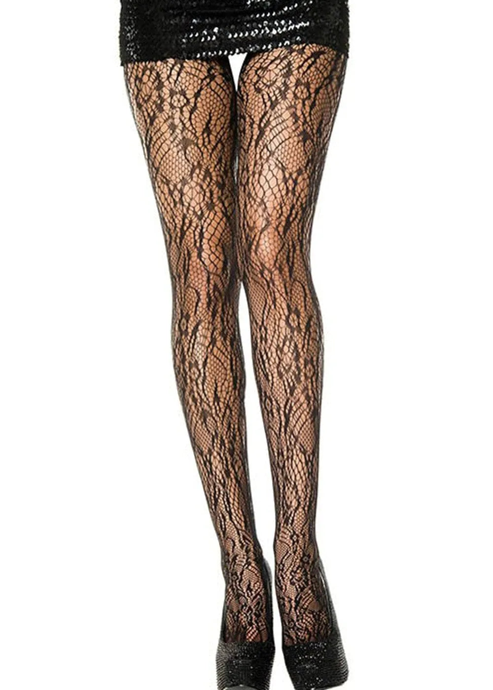 Collant noir résille florale, élégant et extensible, parfait pour mi-saison, sublimant la silhouette avec originalité.