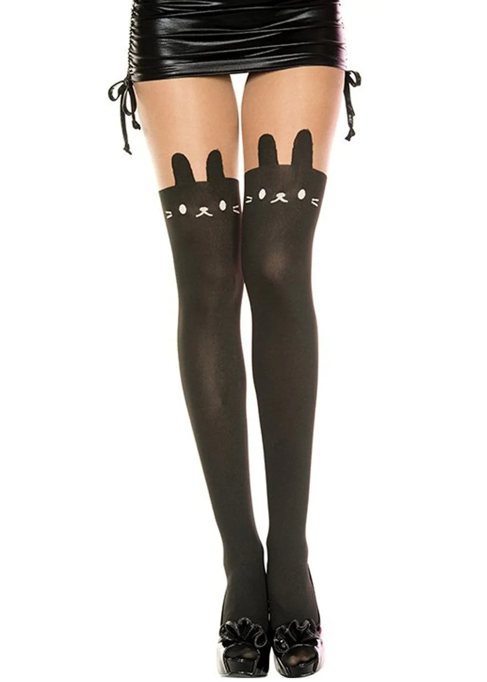 Collant noir fantaisie motif tête de lapin, cuisse haute couleur chair, effet nylon élasthanne, élégant et original.