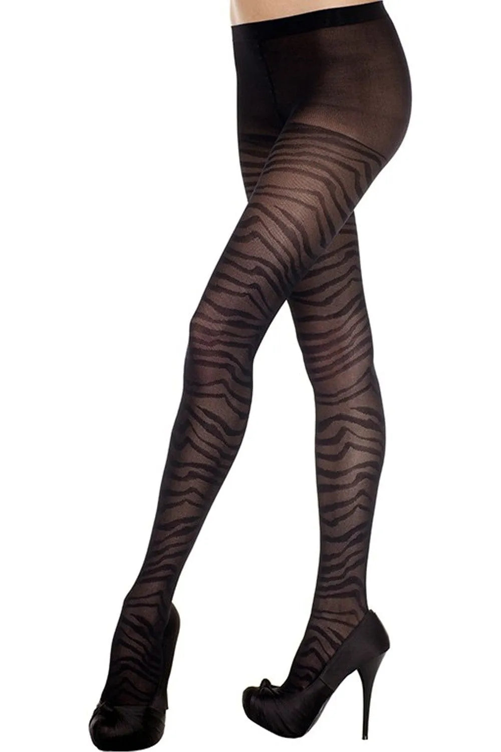 Collant noir fantaisie imprimé zèbre, lignes aléatoires, élégant et extensible, en nylon et élasthanne, pour femme.