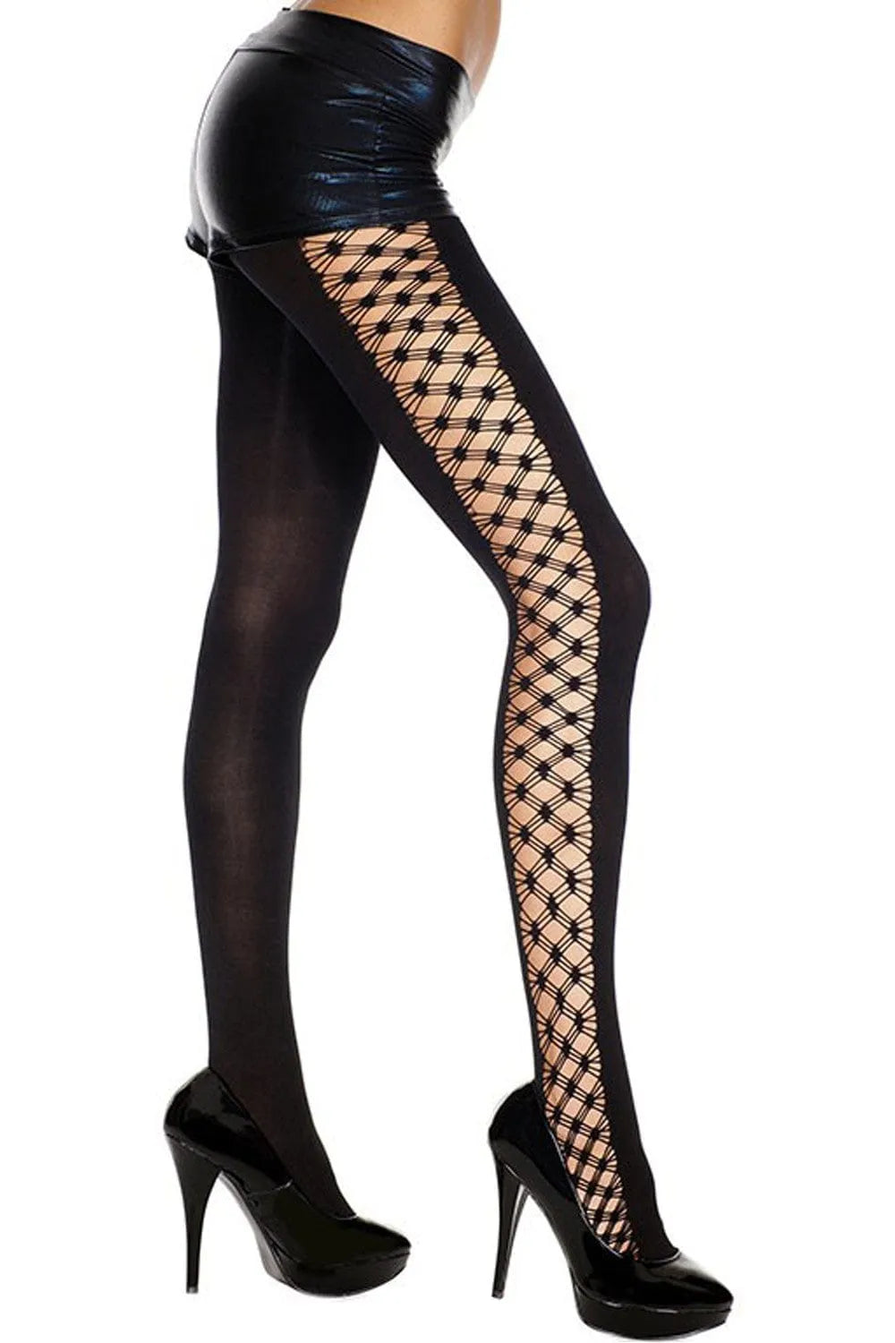Collant noir résille opaque avec côtés ajourés, élégant et sexy, idéal pour soirées glamour et tenues sophistiquées.