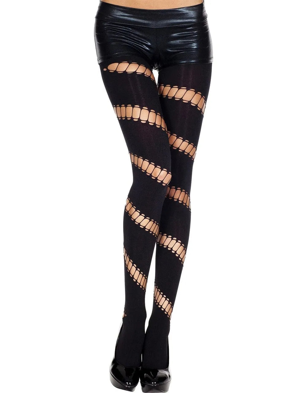 Collant legging noir opaque avec ouvertures asymétriques, sexy et élégant, extensible, parfait pour une tenue chic et mode...