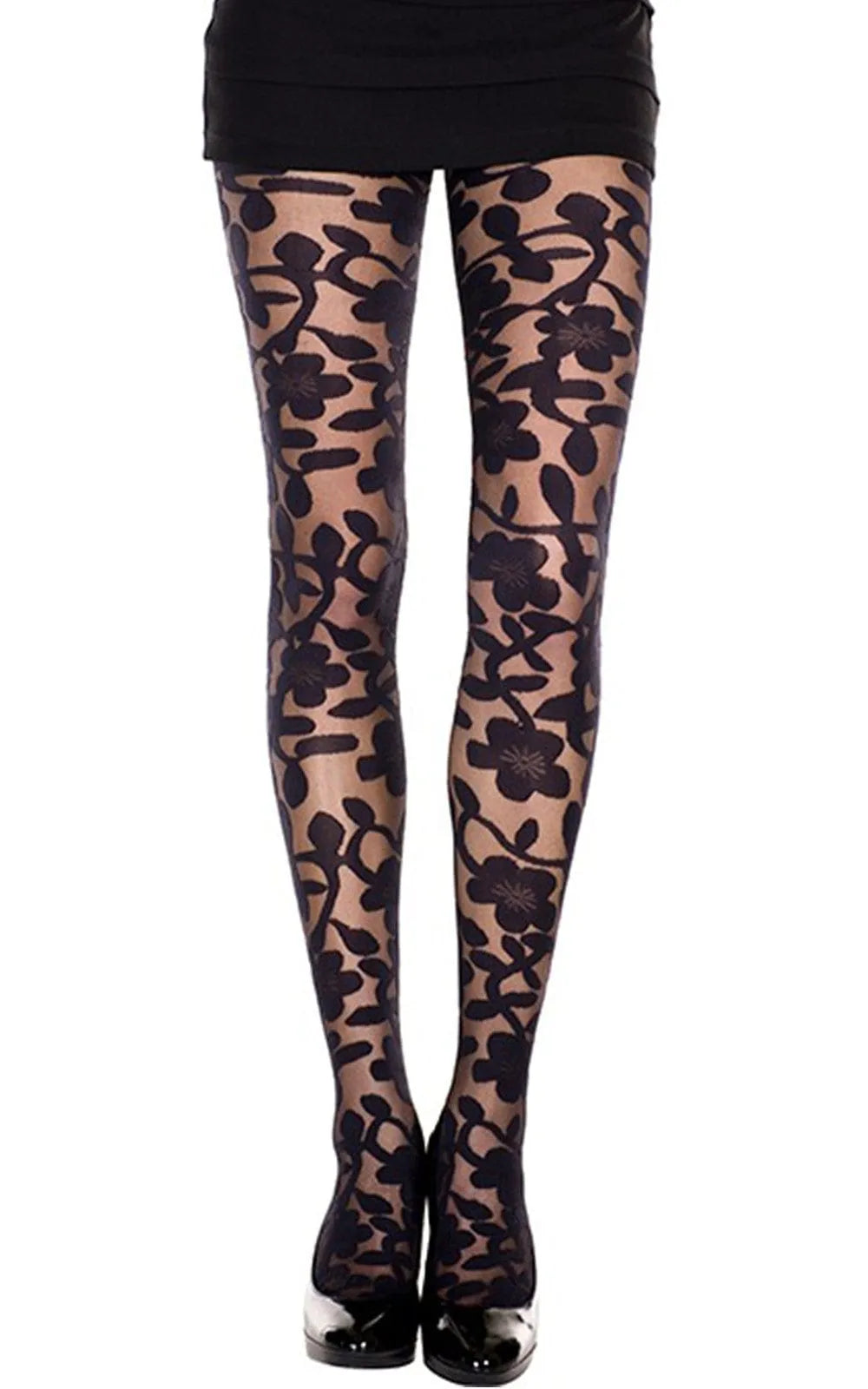 Collant noir imprimé floral MusicLeg, élégant et sensuel, en nylon spandex, parfait pour un look chic et féminin.