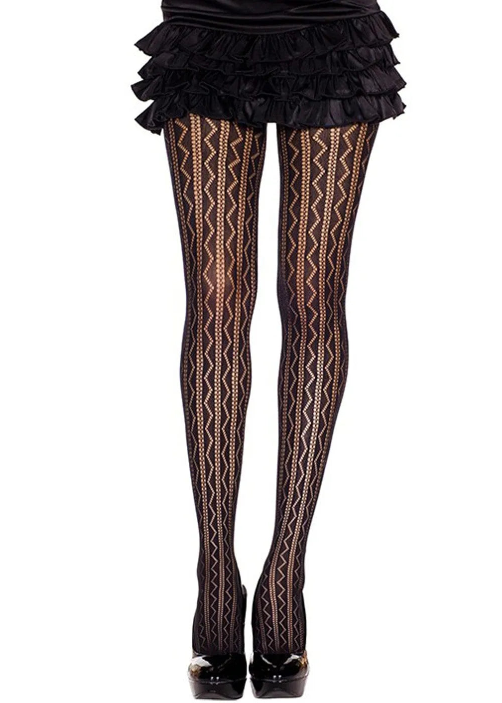 Collant noir ajouré géométrique en nylon, motifs modernes, élégant et séduisant, idéal pour soirées et bureau.