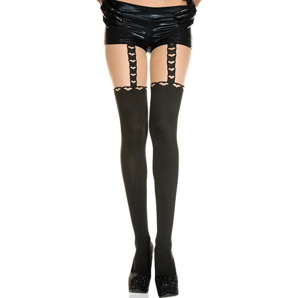 collant noir fantaisie effet jarretelles motifs cœurs nylon élasthanne extensible confortable douceur partie supérieure couleur chair glamour sexy silhouette soirée