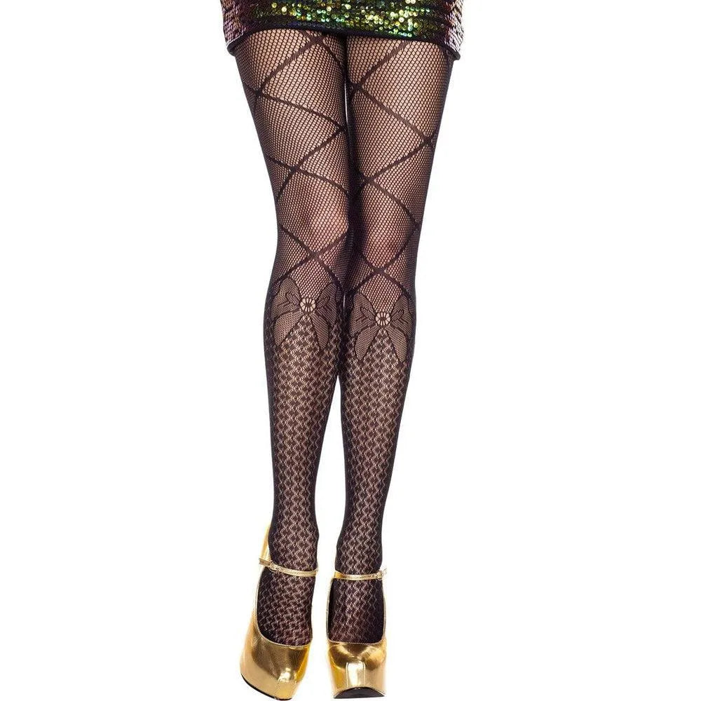 Collant noir fantaisie résille fine motif socquettes sexy noeud nylon élasthanne extensible confortable sculptant jambes séduisant élégant qualité durable finition