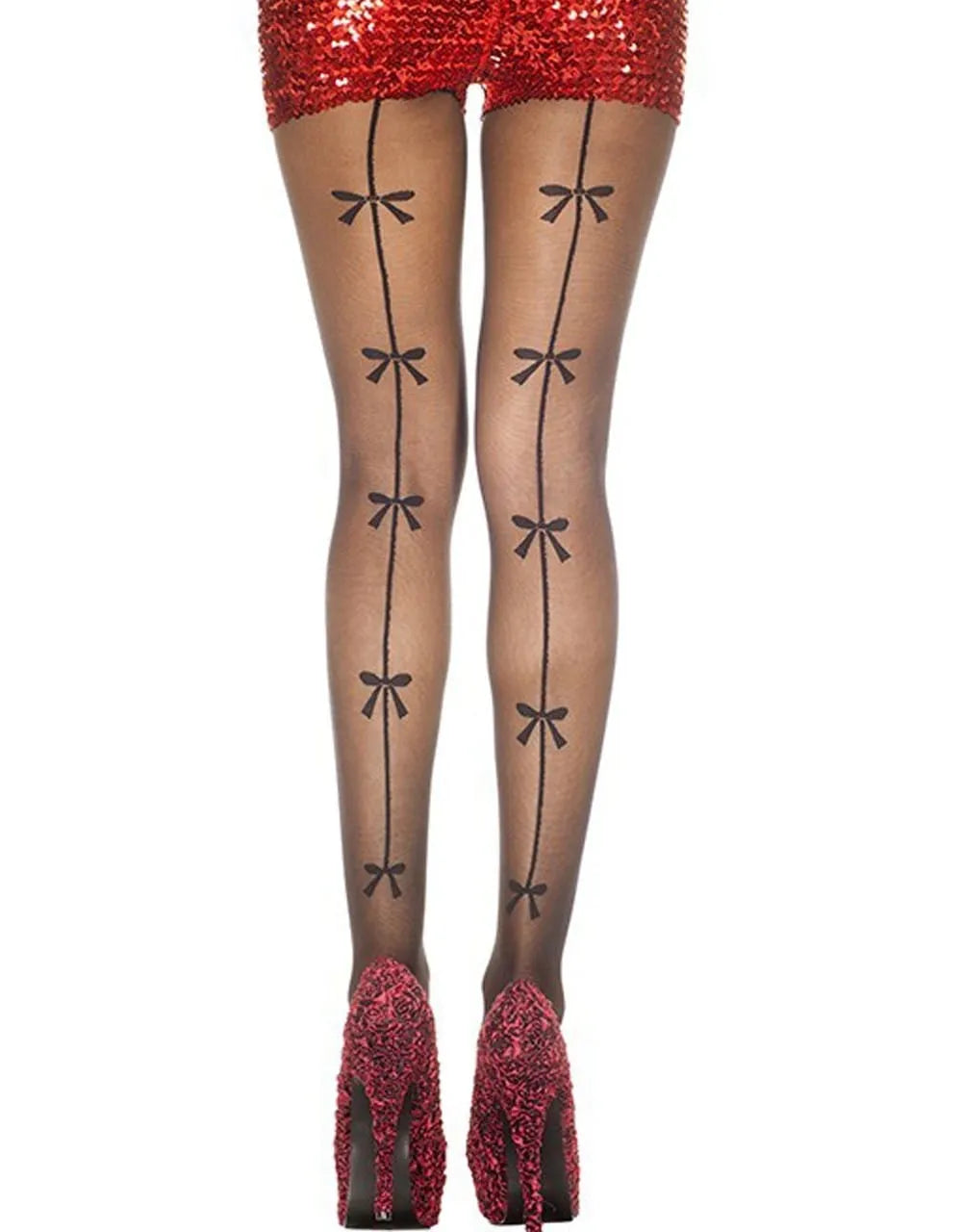 Collant noir fantaisie avec couture arrière et noeuds, élégant et tendance, en nylon extensible, porté avec short rouge pa...