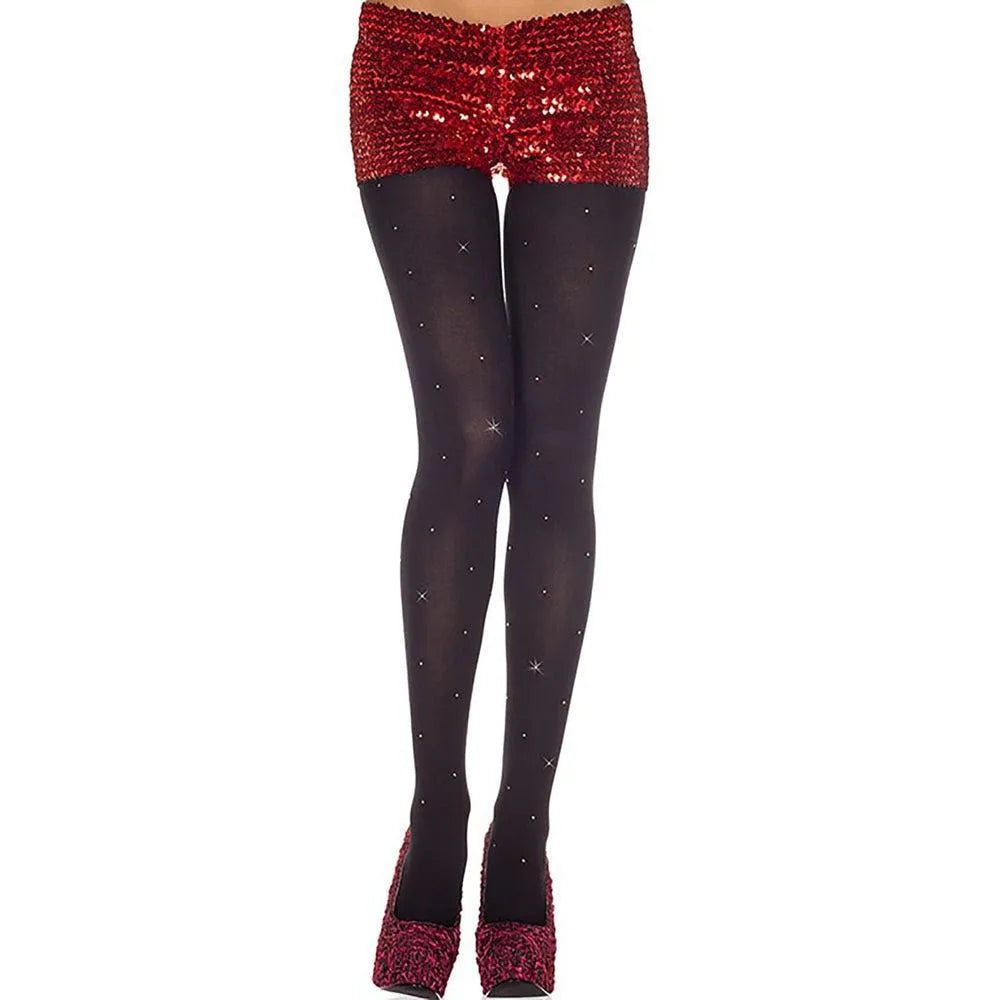 Collant noir opaque brillant incrustations scintillantes paillettes soyeux douceur confortable élastique résistant durable nylon élasthanne soirée glamour élégant