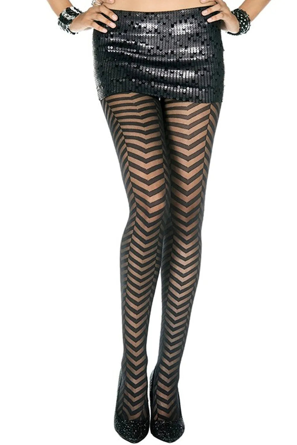 Collant noir zigzag moderne en nylon, design bandes opaques, ajustement parfait, élégance contemporaine, confort optimal.