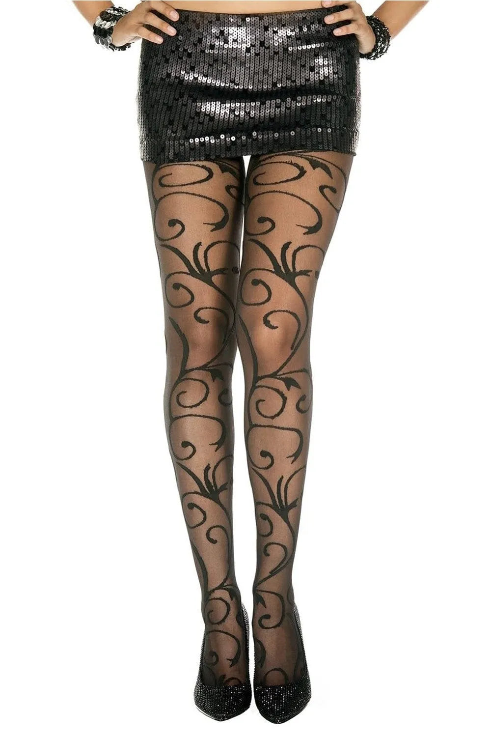 Collant noir fantaisie en nylon avec motifs fioritures, élégant et sophistiqué, idéal pour soirées et travail.
