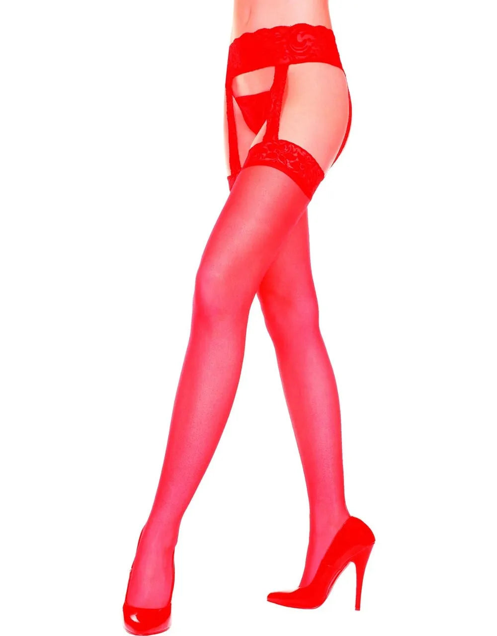 Collant nylon rouge avec dentelle intégrée, effet porte-jarretelles, élégant et glamour, pour une allure sophistiquée.