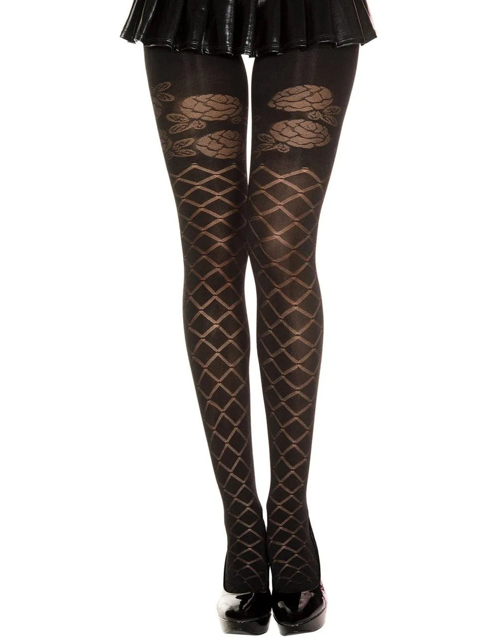 Collant noir semi-opaque avec motif floral et bandes croisées, en nylon extensible, élégant et confortable.