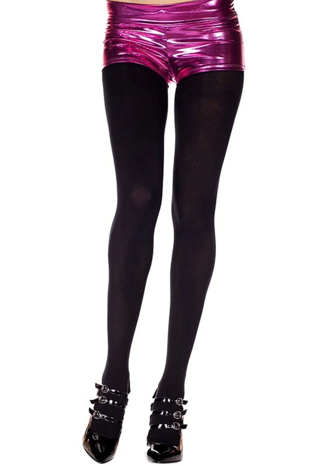 Collant opaque noir gainant taille haute, microfibre, porté avec short rose brillant, silhouette lissante élégante.