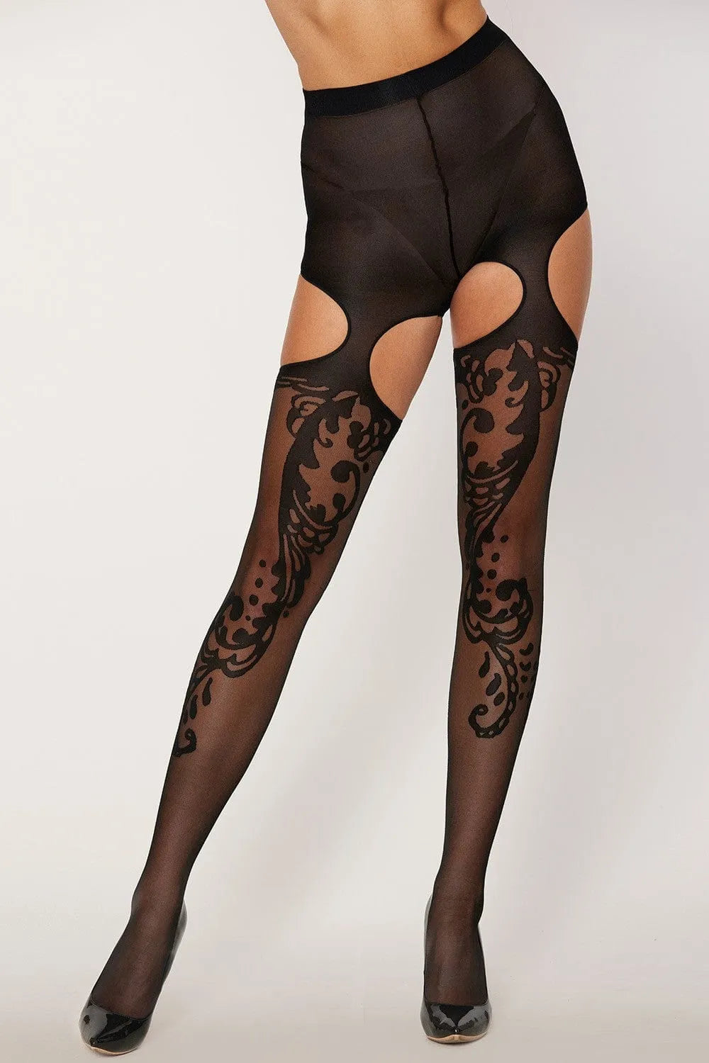 Collant femme noir opaque taille haute avec motifs floraux, jarretelles intégrées, style culotte, élégant et confortable.