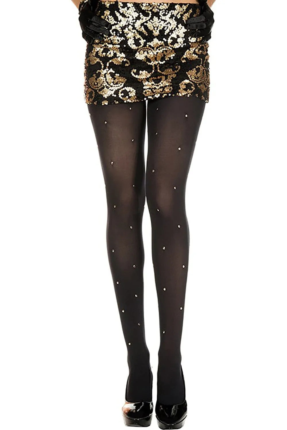 Collants noirs semi-opaques avec strass brillants, élégants et glamour, parfaits pour soirées et cérémonies.