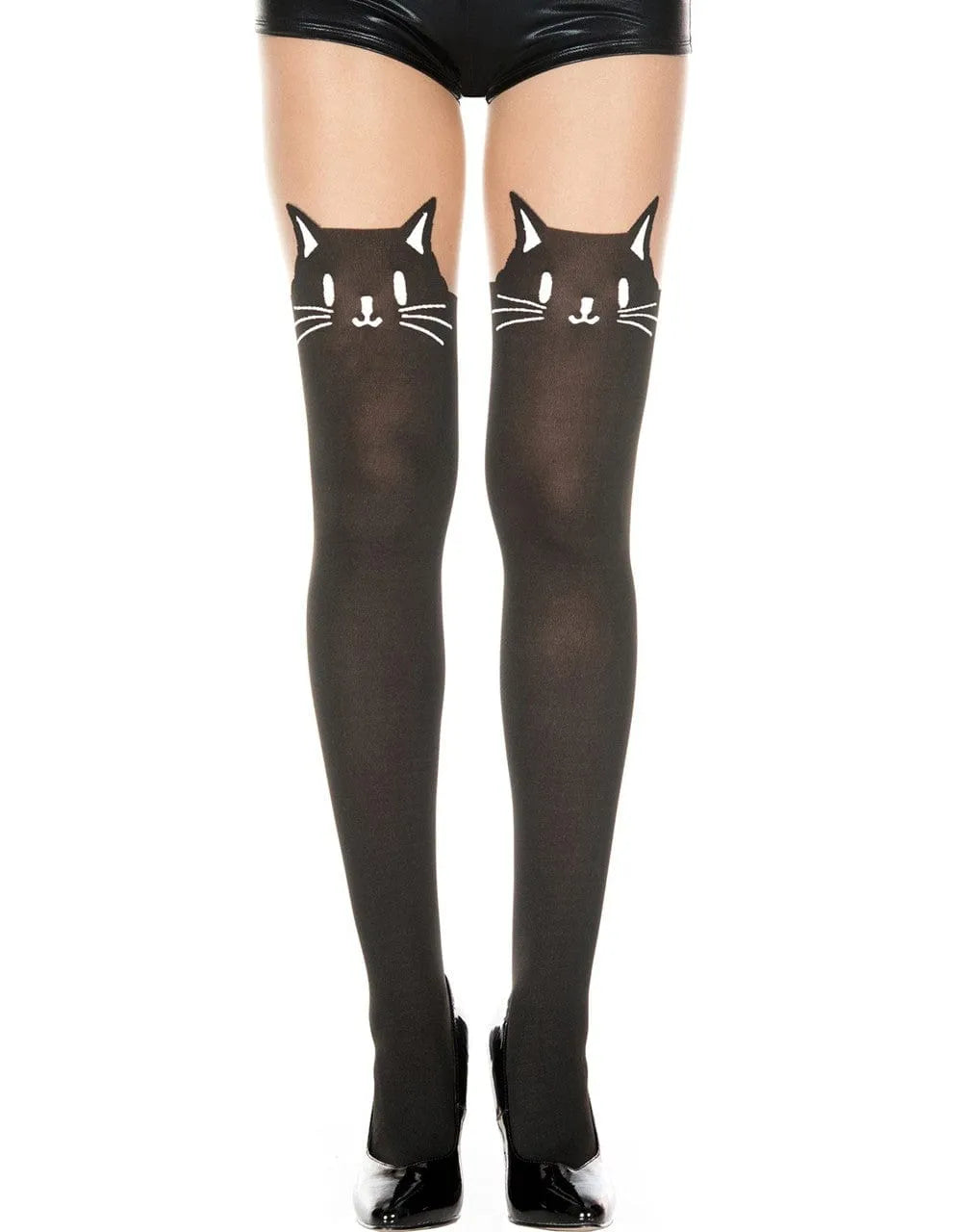 Collant noir semi-opaque femme, effet bas, tête de chat fantaisie, contraste chair, nylon élasthanne, élégant.