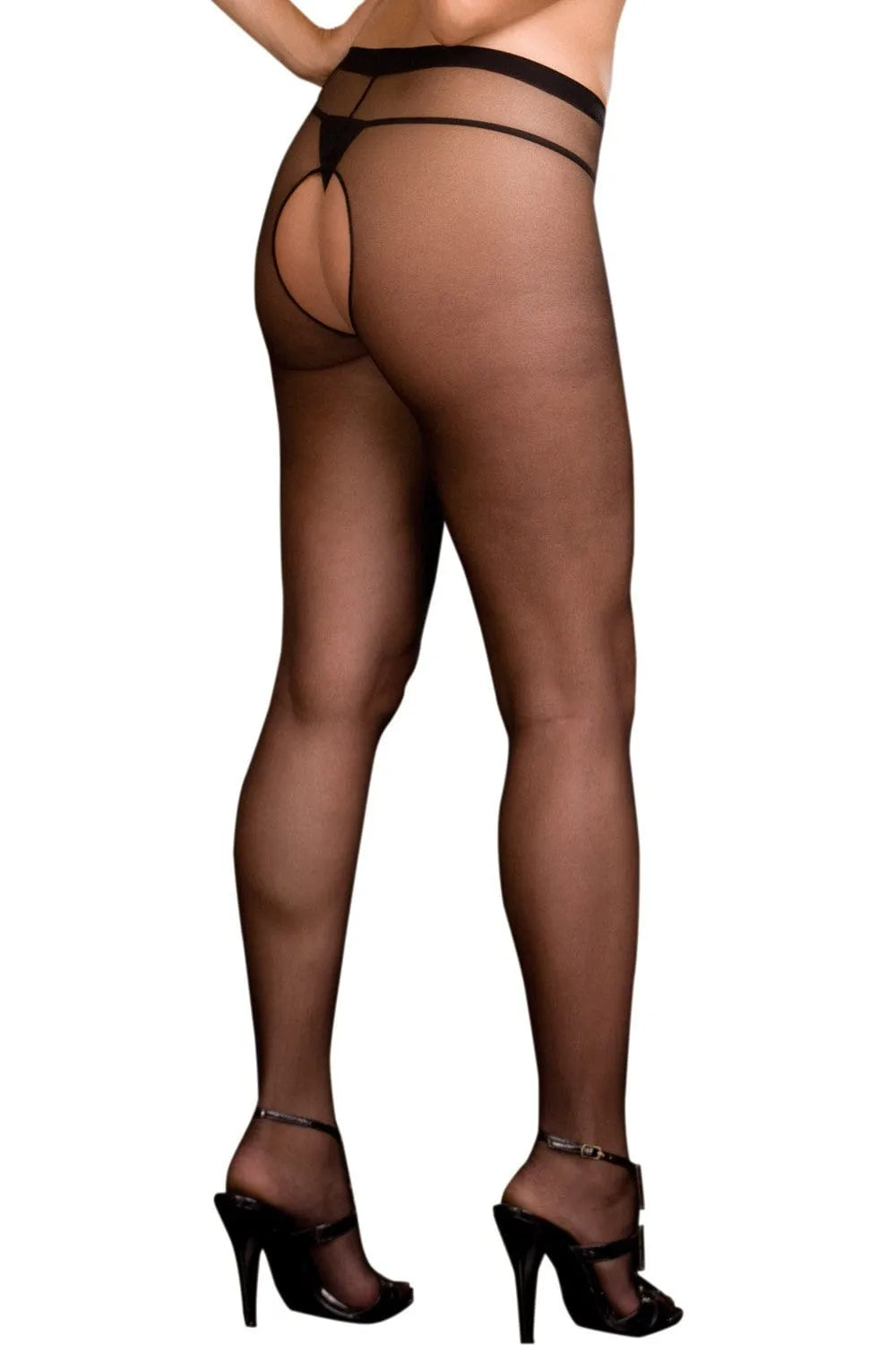 Collant noir nylon ouvert entrejambe, fesses visibles, élégant et audacieux, confort sculptant, haute qualité.
