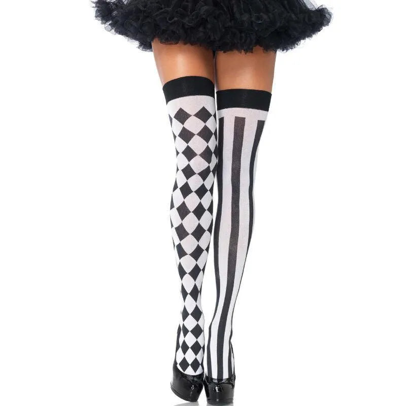 collants arlequin noirs blancs motif losange nylon extensibles confortables ajustables polyvalents chics audacieux théâtraux originaux élégants modernes