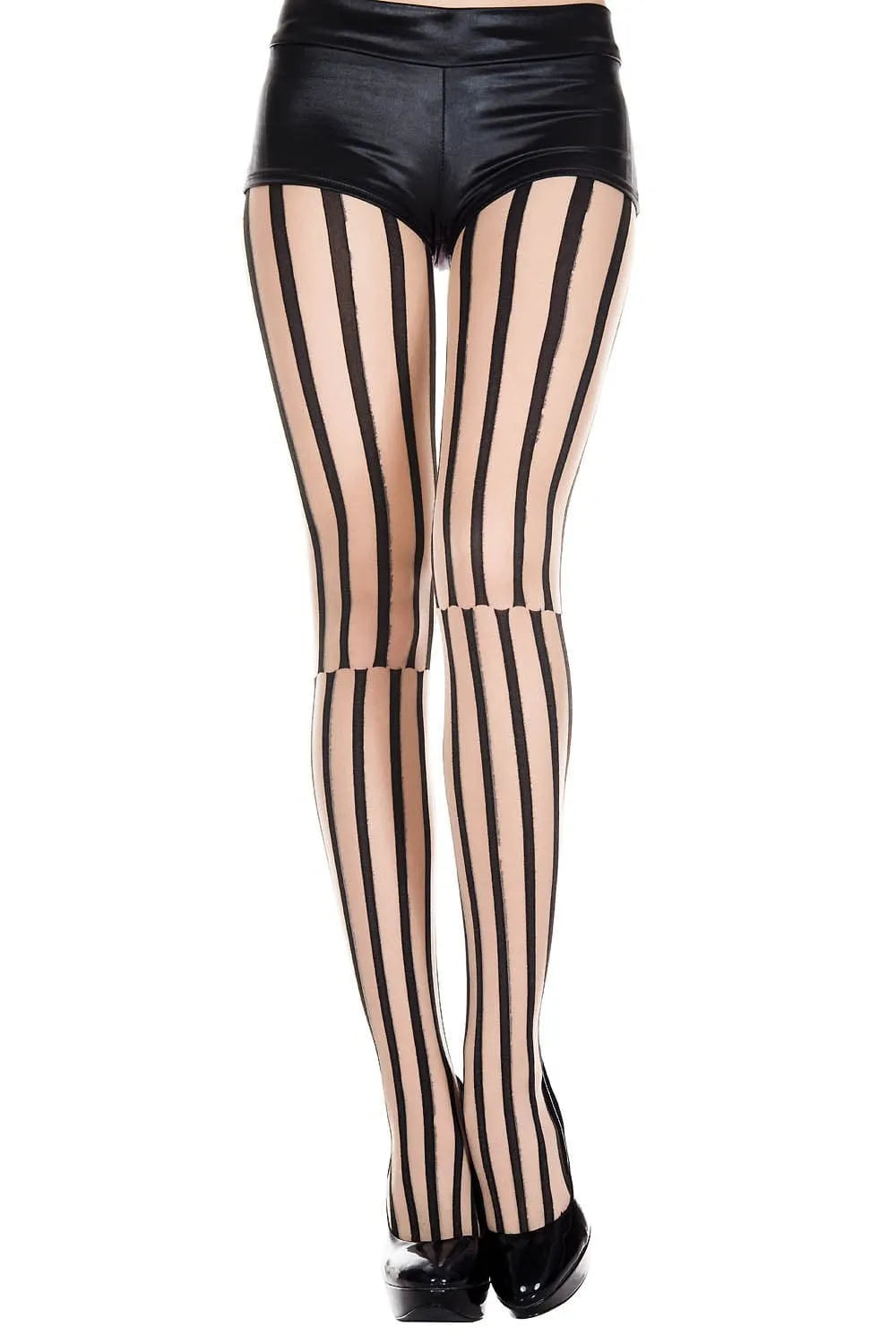 Collants chair à rayures noires, effet allongeant, nylon élasthanne, confort et maintien, lingerie sexy, soirée glamour.