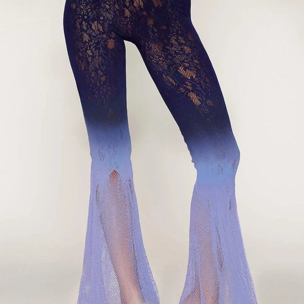 Collants résille dégradé bleu violet, coupe sirène, sans couture, style rétro années 70, glamour et élégant.