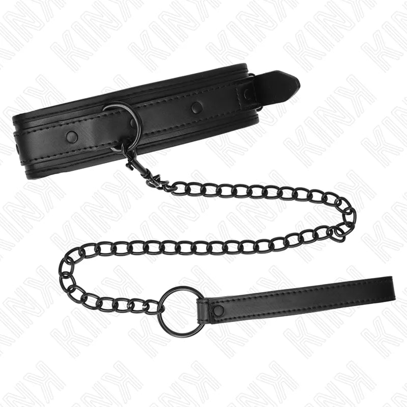 Collier BDSM cuir noir élégant, boucles métalliques raffinées, finition polie, robuste et confortable.