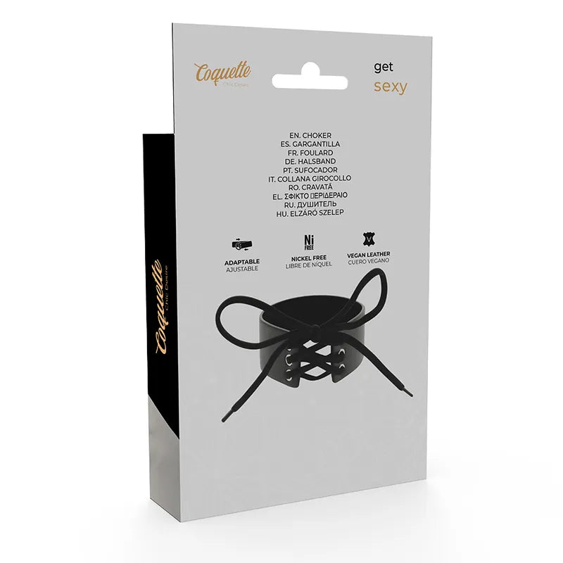 Collier BDSM cuir végétalien noir ajustable avec boucle métal, design chic et éthique, présenté dans un emballage élégant.