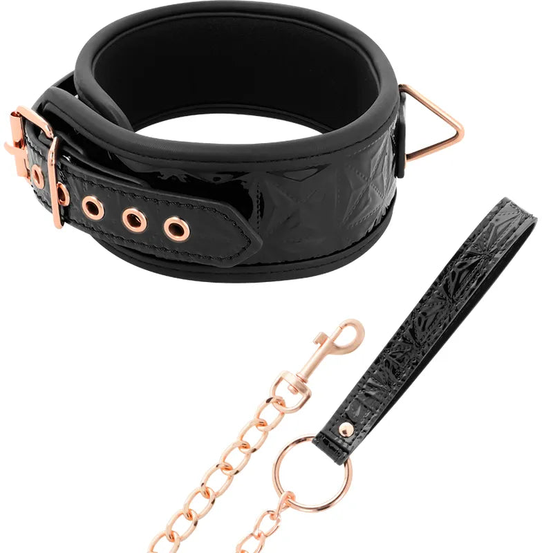 Collier BDSM cuir végétalien noir, chaîne métallique sans nickel, anneau imposant, sangle ajustable néoprène.