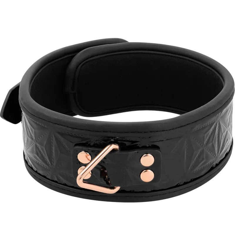 Collier BDSM cuir végétalien noir, chaîne métal sans nickel, anneau imposant, sangle néoprène ajustable, design élégant.