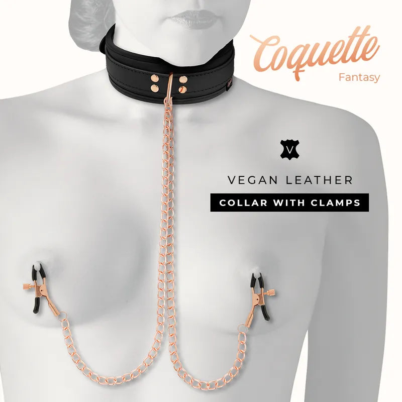 Collier BDSM cuir vegan noir avec pinces à tétons et chaînes métalliques, design élégant et ajustable pour confort optimal.