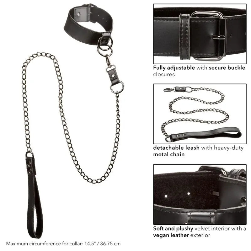 Collier BDSM noir en cuir végétalien avec chaîne métallique robuste, intérieur velours doux, boucle sécurisée et ajustable.