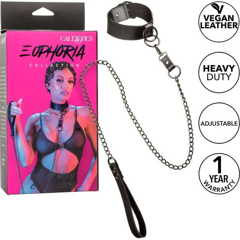 Collier BDSM chaîne métal, cuir végétalien noir, intérieur velours, boucle sécurisée, boutons pression, moderne et robuste.