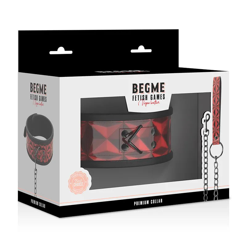 Collier BDSM métal sans nickel, cuir végétalien noir et rouge, chaîne robuste, grand anneau, emballage élégant.