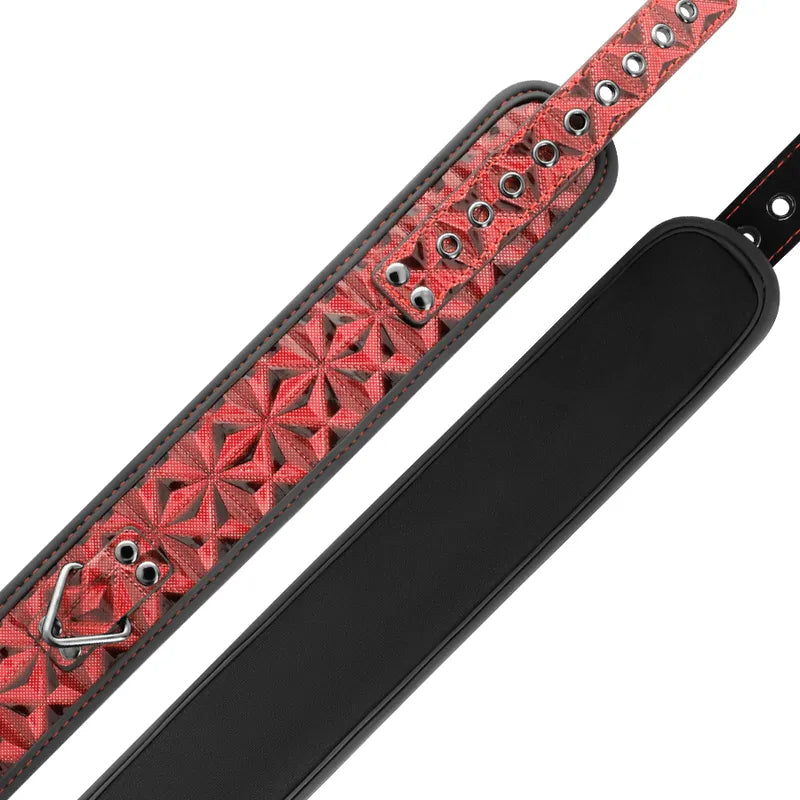 Collier BDSM métal sans nickel, cuir végétalien noir et rouge, design robuste et esthétique, anneau et chaîne inclus.