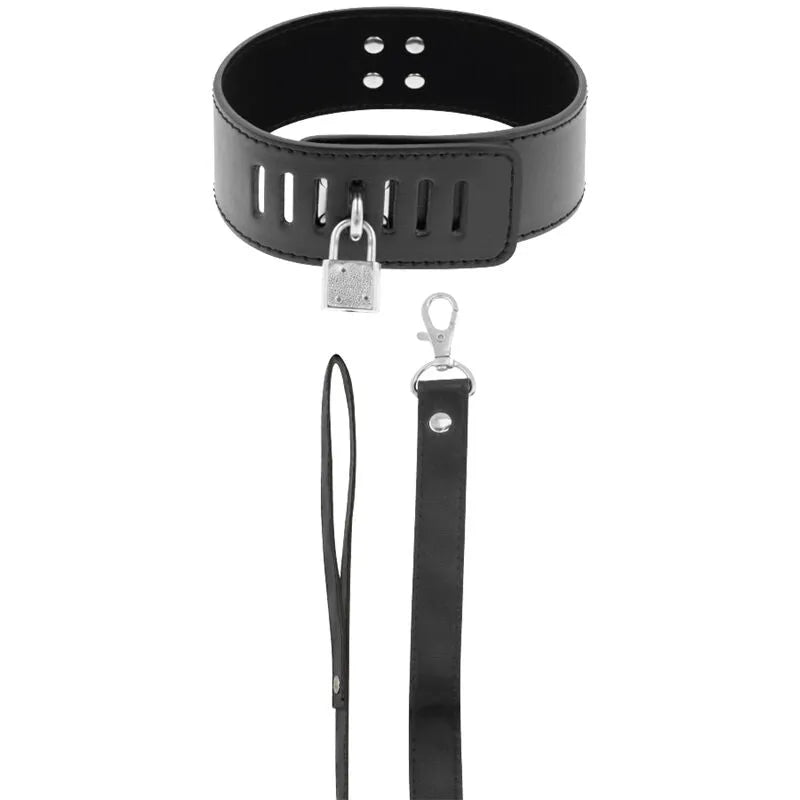 Collier BDSM néoprène noir réglable avec sept ouvertures, chaîne végétalienne et cadenas, élégant et confortable.