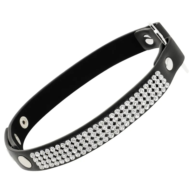Collier BDSM noir en cuir vegan avec strass, réglable, élégant et écologique, idéal pour tenues audacieuses et soirées.