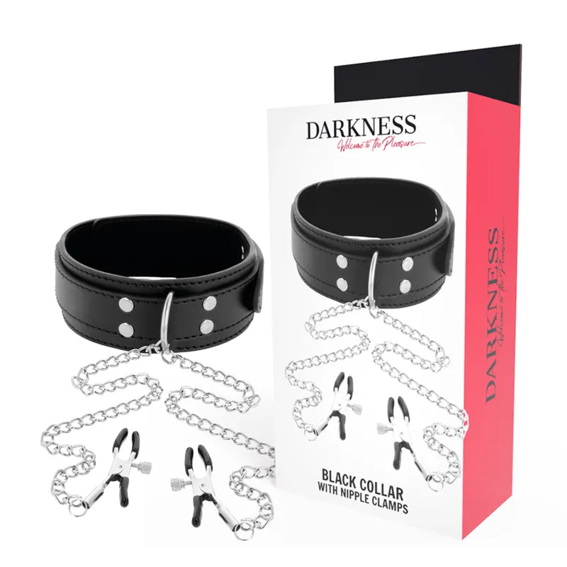 Collier Bondage Cuir PVC Réglable Chaîne Argentée Pinces Tétons Métal Qualité Confort Ajustable Glamour Fétichiste BDSM Stimulateur Mamelons Adaptable Raffiné