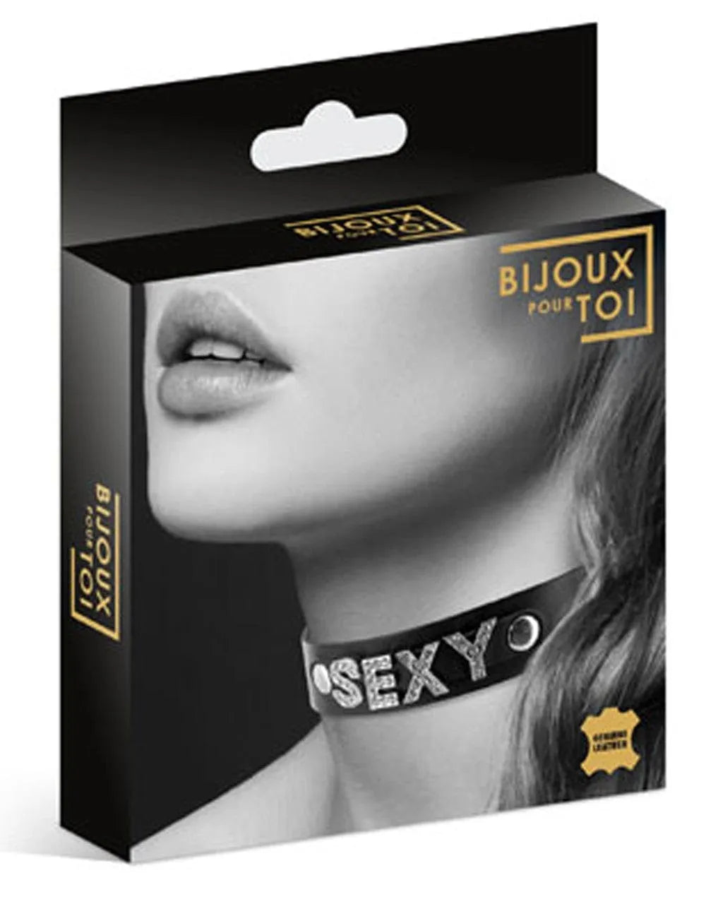 Collier cuir noir réglable avec strass SEXY, accessoire fétichiste chic et glamour, 46cm x 2cm, sur emballage élégant.