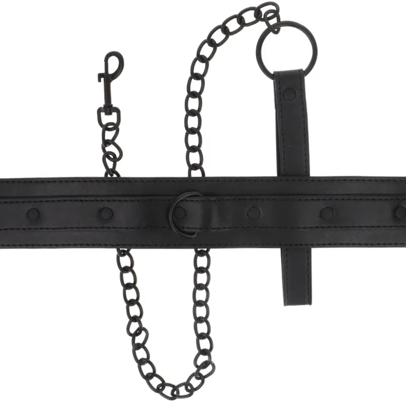 Collier BDSM en cuir vegan noir avec boucle robuste et chaîne, élégant et ajustable pour confort et style éthique.