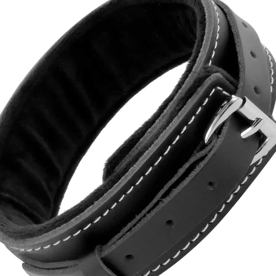 Collier posture BDSM cuir noir rembourré, boucle métal, ajustable, anneau attache, confort et élégance, haute qualité.