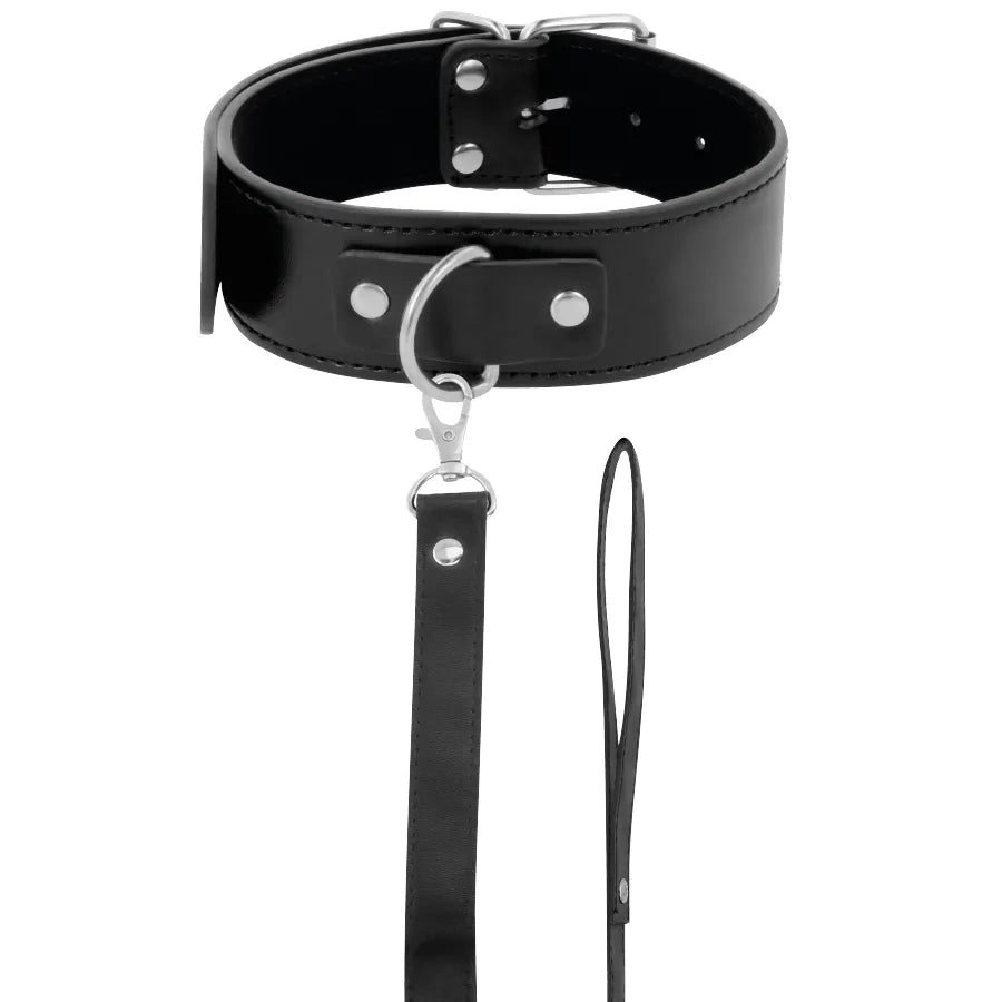 Collier de posture BDSM noir en cuir PVC rembourré avec chaîne robuste et anneau métal, design élégant et sécuritaire.