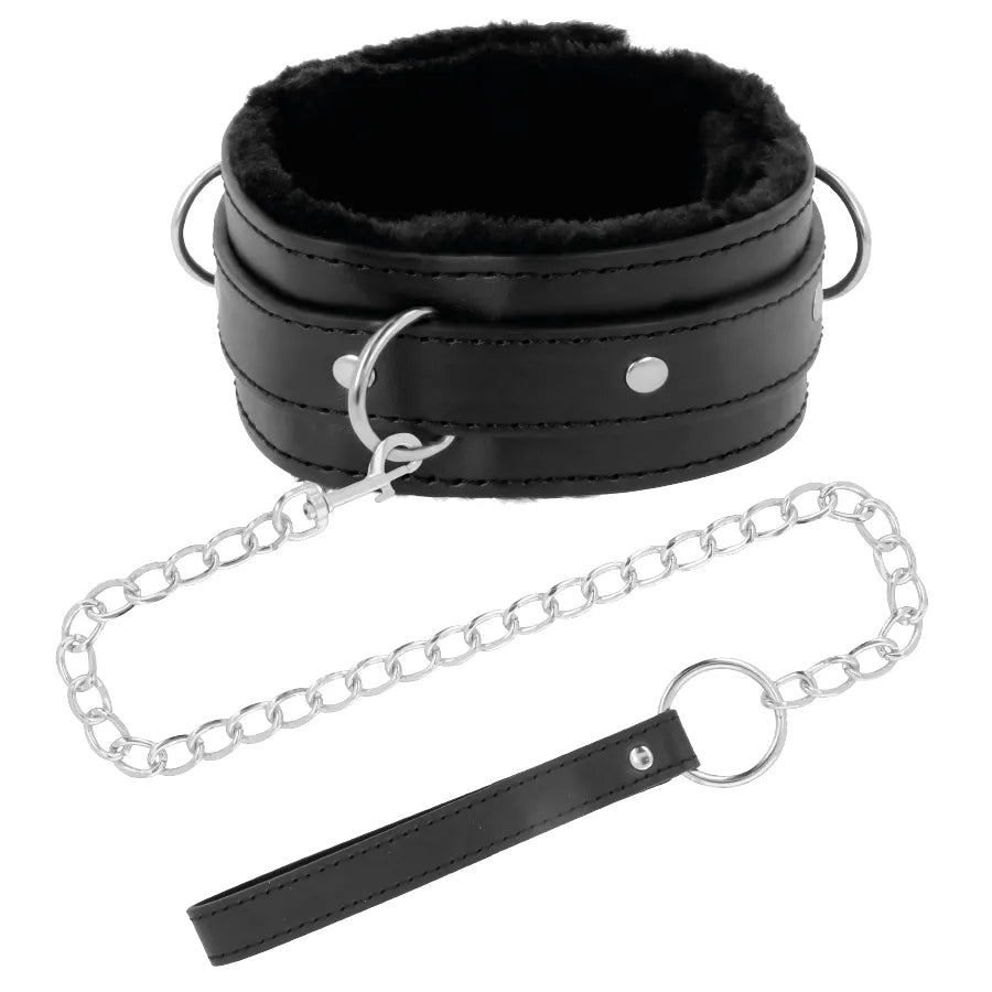 Collier posture BDSM cuir noir rembourré avec boucle sécurisée et laisse chaîne métal, design ergonomique et durable.