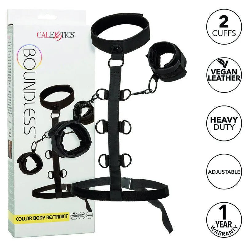 collier retenue bondage cuir végétalien réglable confortable intérieur doux luxueux réversible poignets amovibles fixations anneaux pivotants robustes ajustable