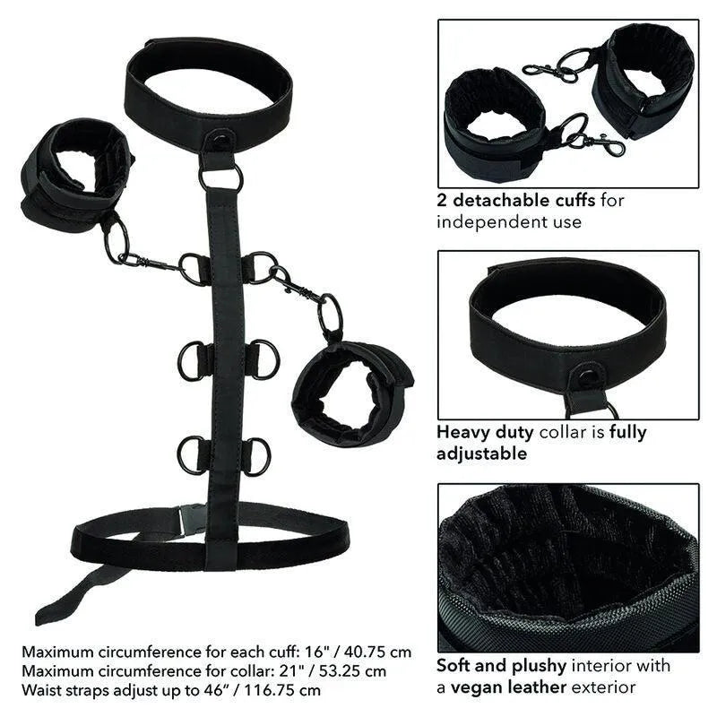 Collier bondage cuir végétalien noir, ajustable, intérieur doux, avec poignets amovibles et anneaux pivotants robustes.